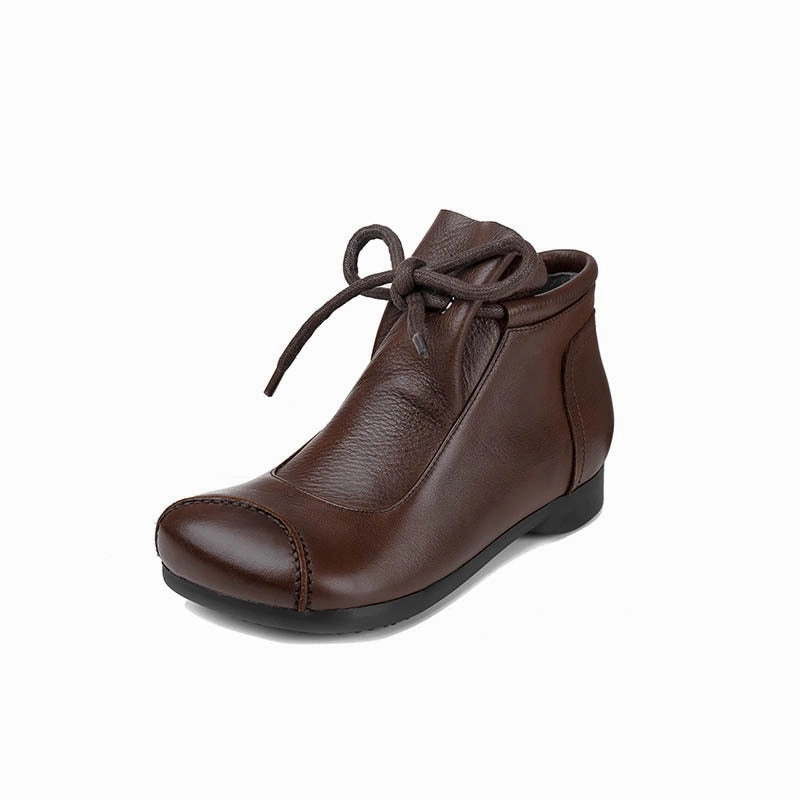 Spectator Shoes Flats JOHNATURE - Original Ankle Boots For Women Shoes Genuine Leather Lace-up Women Boots 2022 New Round Toe Flat With Sewing Ladies Shoes