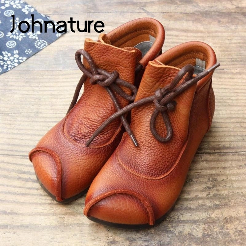 JOHNATURE - Original Ankle Boots For Women Shoes Genuine Leather Lace-up Women Boots 2022 New Round Toe Flat With Sewing Ladies Shoes Shoe Carnival Flats