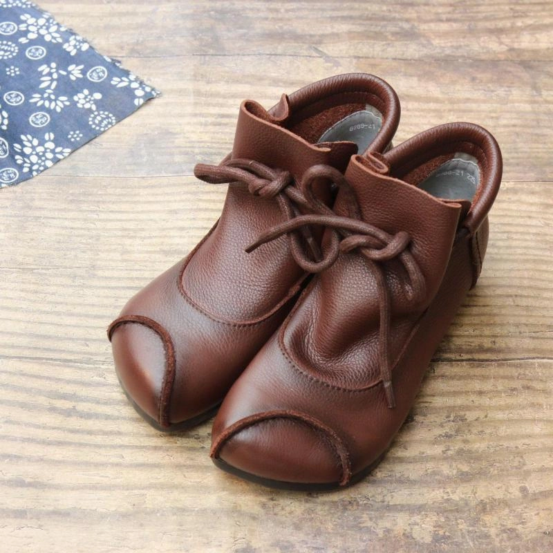 JOHNATURE - Original Ankle Boots For Women Shoes Genuine Leather Lace-up Women Boots 2022 New Round Toe Flat With Sewing Ladies Shoes Flat Shoes For Lifting