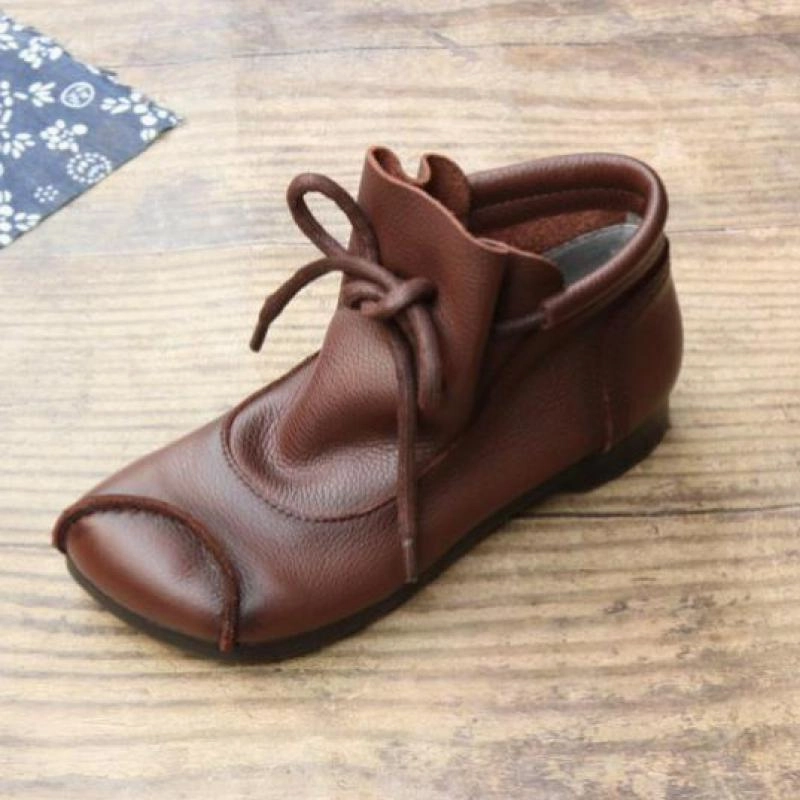 JOHNATURE - Original Ankle Boots For Women Shoes Genuine Leather Lace-up Women Boots 2022 New Round Toe Flat With Sewing Ladies Shoes Candies Flat Shoes