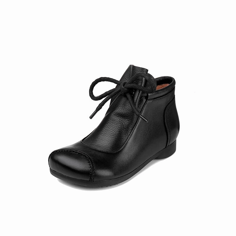 JOHNATURE - Original Ankle Boots For Women Shoes Genuine Leather Lace-up Women Boots 2022 New Round Toe Flat With Sewing Ladies Shoes Arch Shoes For Flat Feet