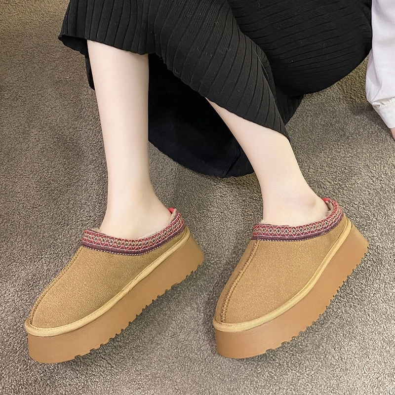 Snow Boots Vegan kamames Ankle Snow Boots Women Winter 2022 New Brand Fur Short Plush Warm Flats Slippers Platform Shoes Flip Flops Suede Boots