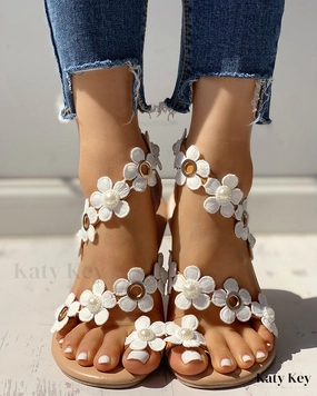 KatyKey - Chic Floral-Embellished Toe Ring Sandals for Casual Wear Flexi Flats Shoes