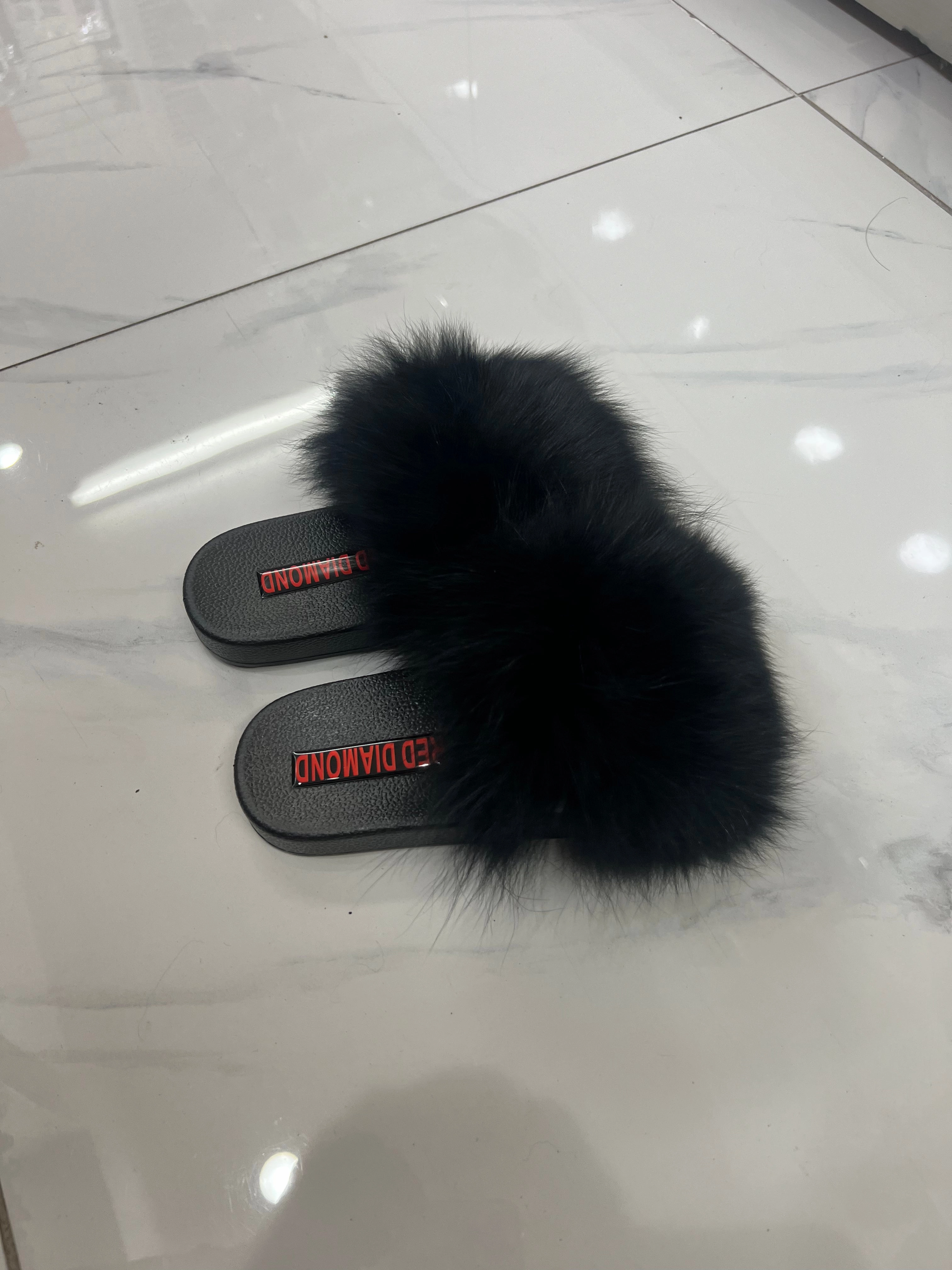 Mink Slides Kids faux fur slides black