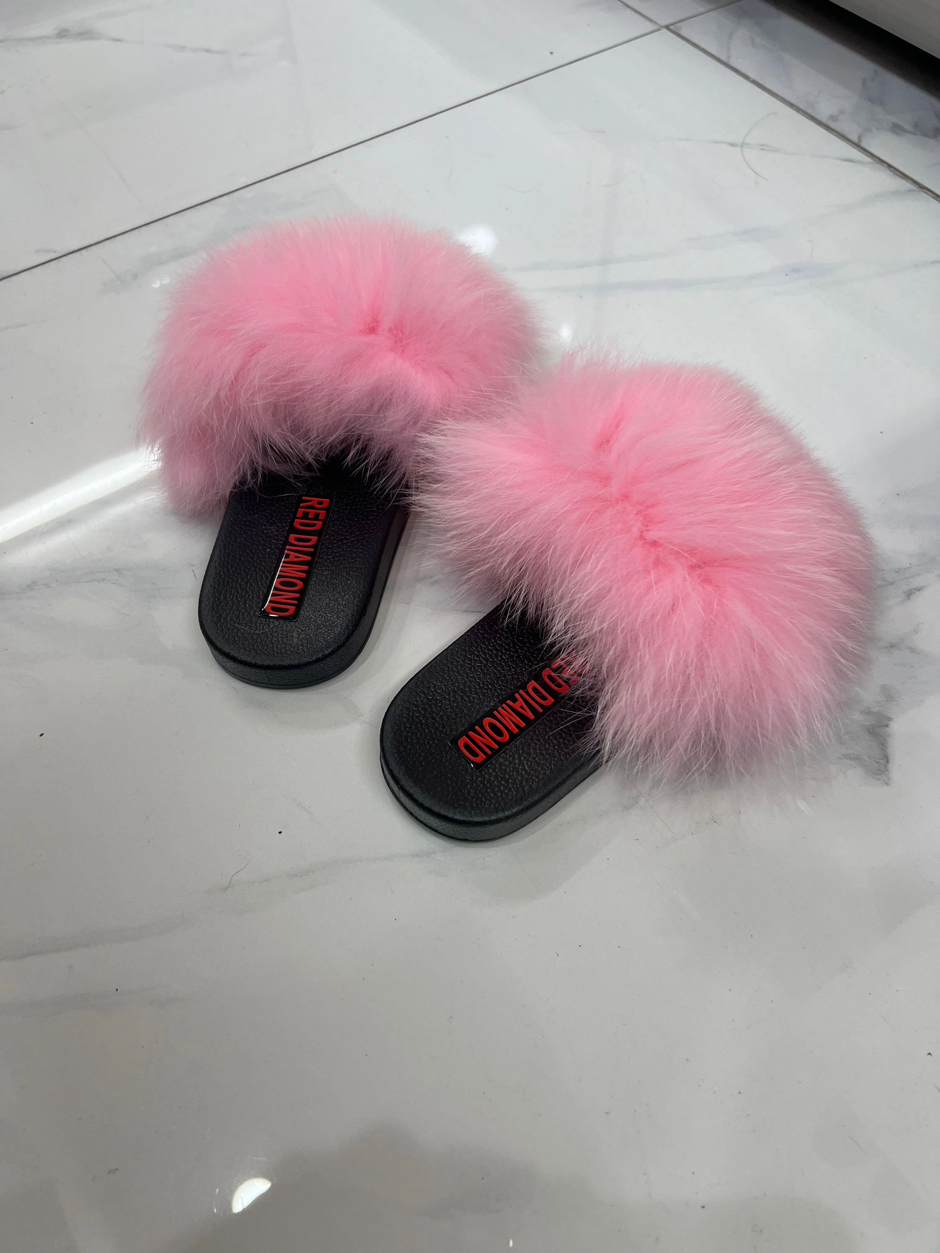 Leopard Slides Kids faux fur slides light pink