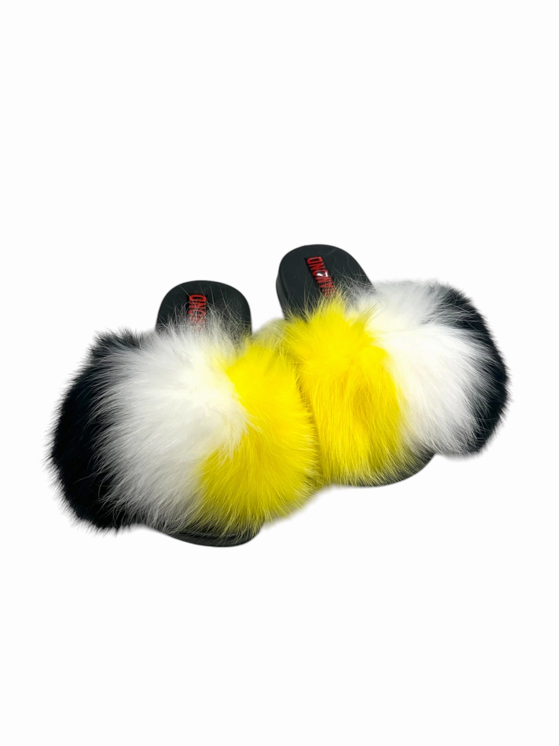 Kids faux fur slides white-yellow-black Basset Hound Slippers