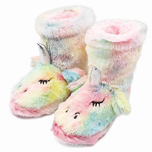 Kids Girls Unicorn Booties Slippers with Plush Lining | Rainbow Fur House Slippers With Fur