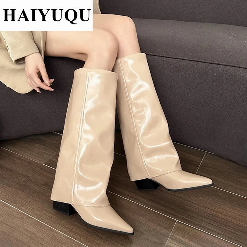 Work Boots For The Snow Knee High Heels Women Boots Leather Chunky Fashion Shoes Pointed Toe Snow Long Boots New Designer Pumps Punk Chelsea Botas Mujer