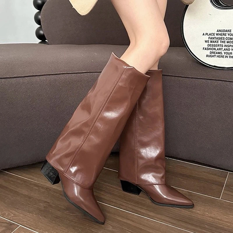 Knee High Heels Women Boots Leather Chunky Fashion Shoes Pointed Toe Snow Long Boots New Designer Pumps Punk Chelsea Botas Mujer Snow Boots For Cold Weather