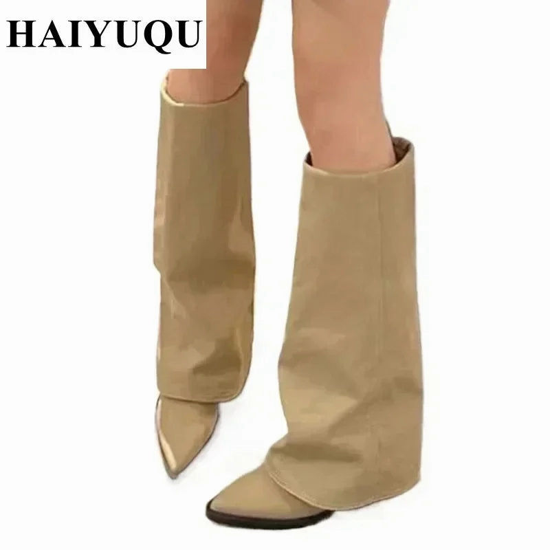 8.5 Snow Boots Knee High Heels Women Boots Leather Chunky Fashion Shoes Pointed Toe Snow Long Boots New Designer Pumps Punk Chelsea Botas Mujer