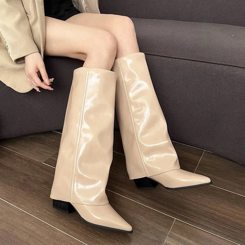Knee High Heels Women Boots Leather Chunky Fashion Shoes Pointed Toe Snow Long Boots New Designer Pumps Punk Chelsea Botas Mujer Ladies Short Snow Boots