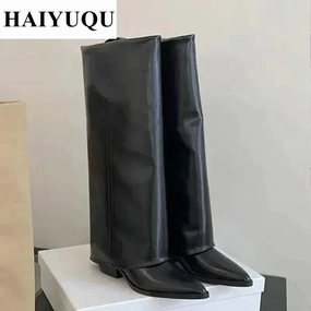 Snow Gear Over Boots Knee High Heels Women Boots Leather Chunky Fashion Shoes Pointed Toe Snow Long Boots New Designer Pumps Punk Chelsea Botas Mujer