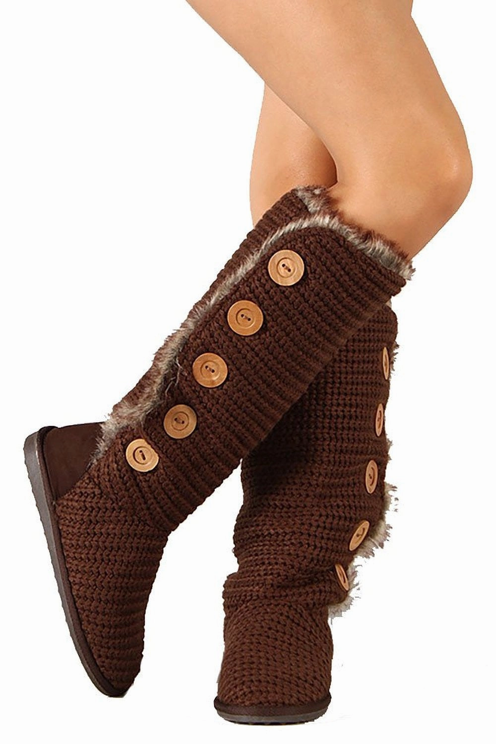 Adidas Tmnt Shoes Knit Sweater Fur Cuff Button Slouchy Knee High Boot Brown