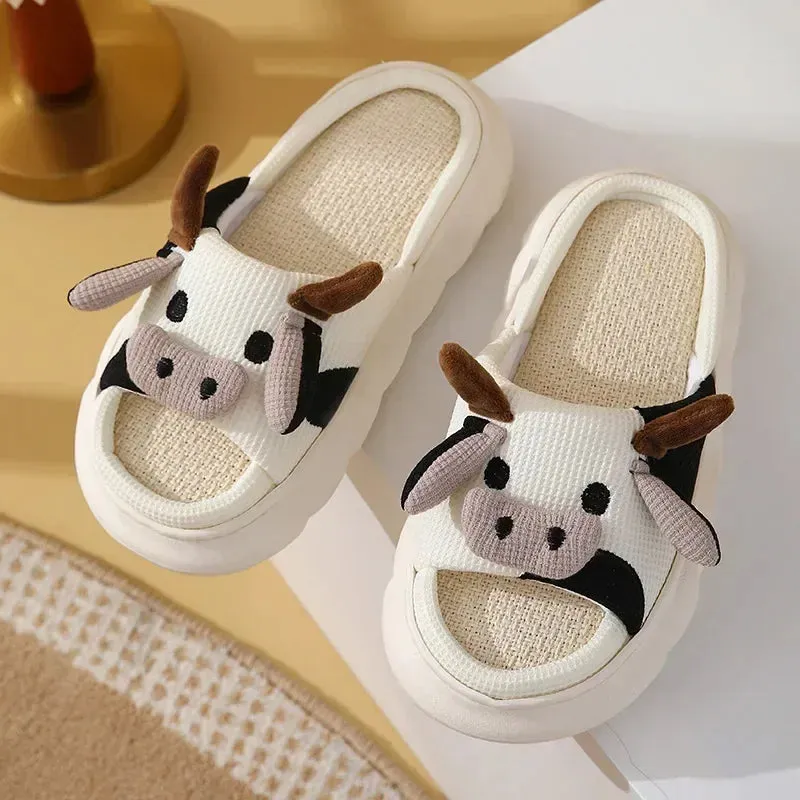 Rigorer Shark Slides Ladies Home Slippers Linen Comfortable, Soft and Lightweight Cotton Slippers Cute Cartoon Cow Couple Slippers Shoes for Women