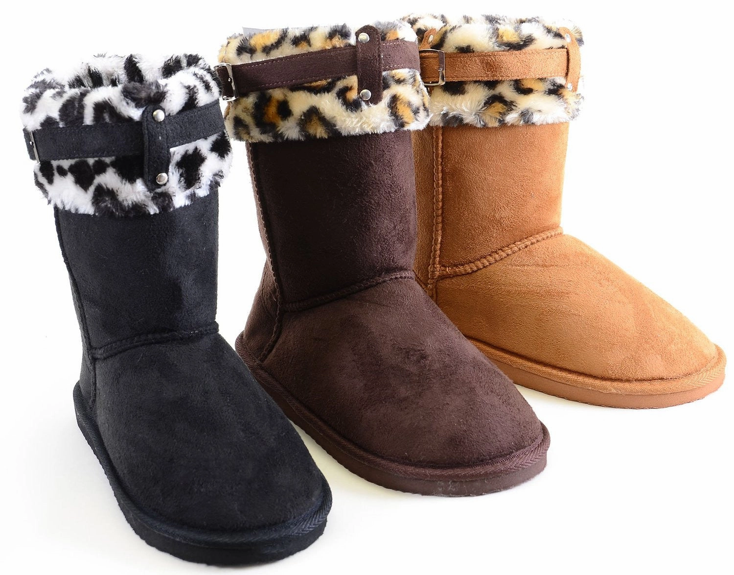 Venice Rain Boots Leopard Cuff Furry Buckle Vegan Suede Flat Warm Women's Boots