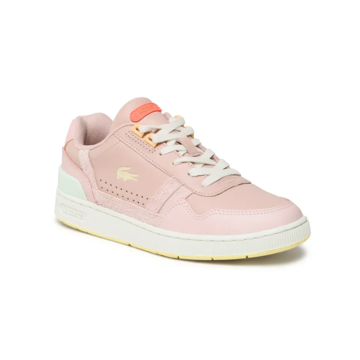 LACOSTE 7-45SFA0067AMY T-CLIP 123 WMN'S (Medium) Light Pink/Light Yellow Leather & Synthetic Lifestyle Shoes Heel counter
