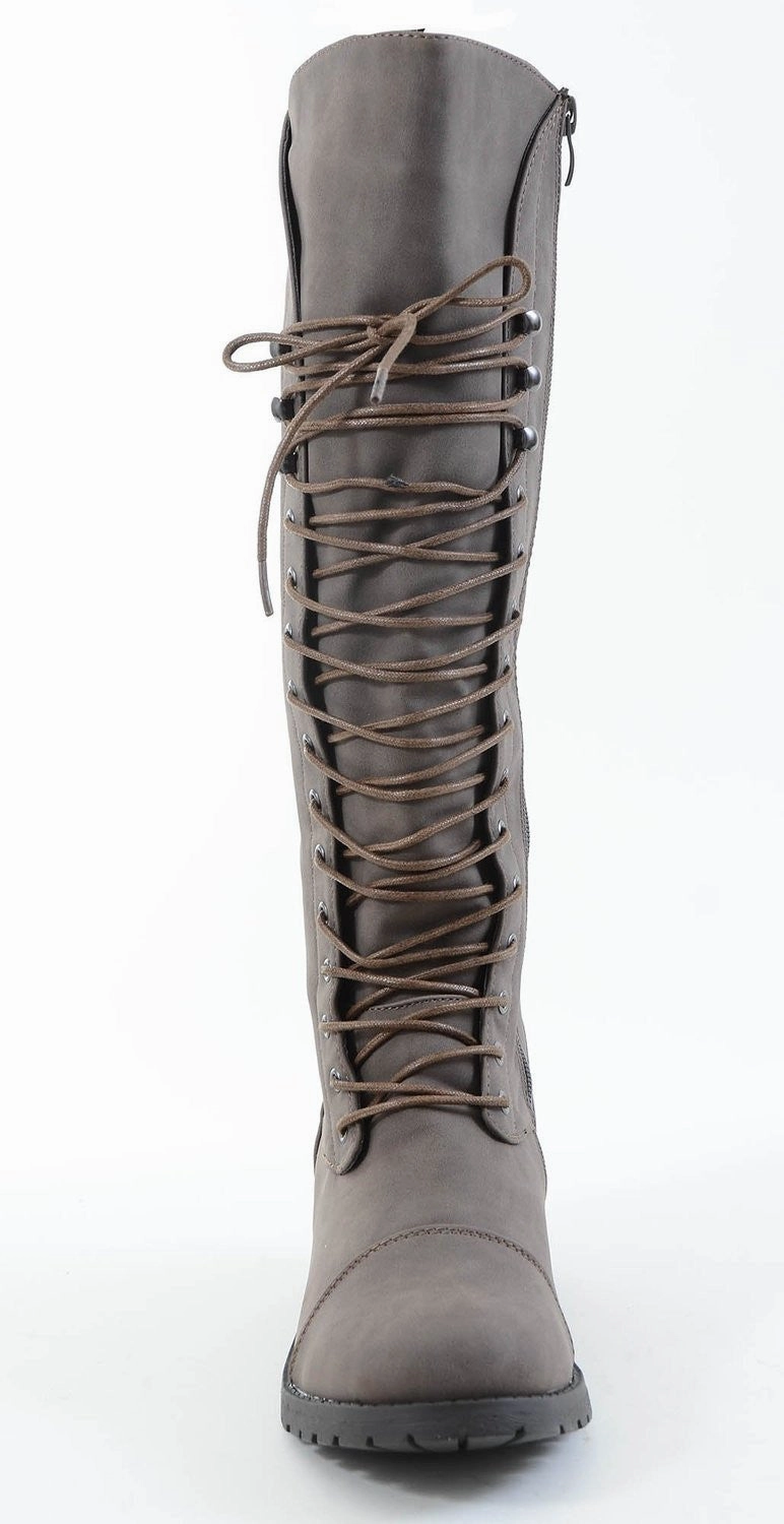 Grey Vegan Leather Toe Cap Lace-Up Knee High Women's Riding Boots Rain Boots And Flowers