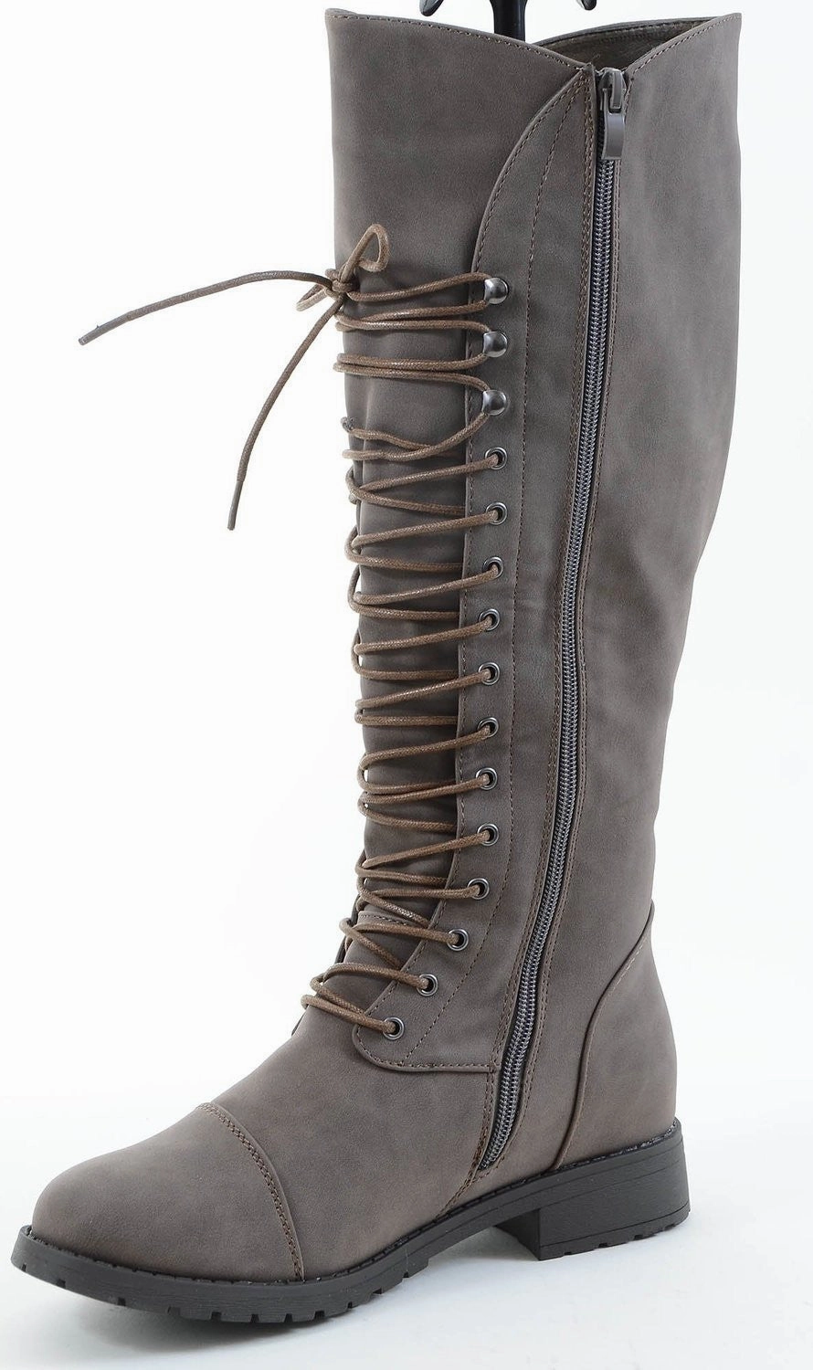 Grey Vegan Leather Toe Cap Lace-Up Knee High Women's Riding Boots Alexa Chung Rain Boots