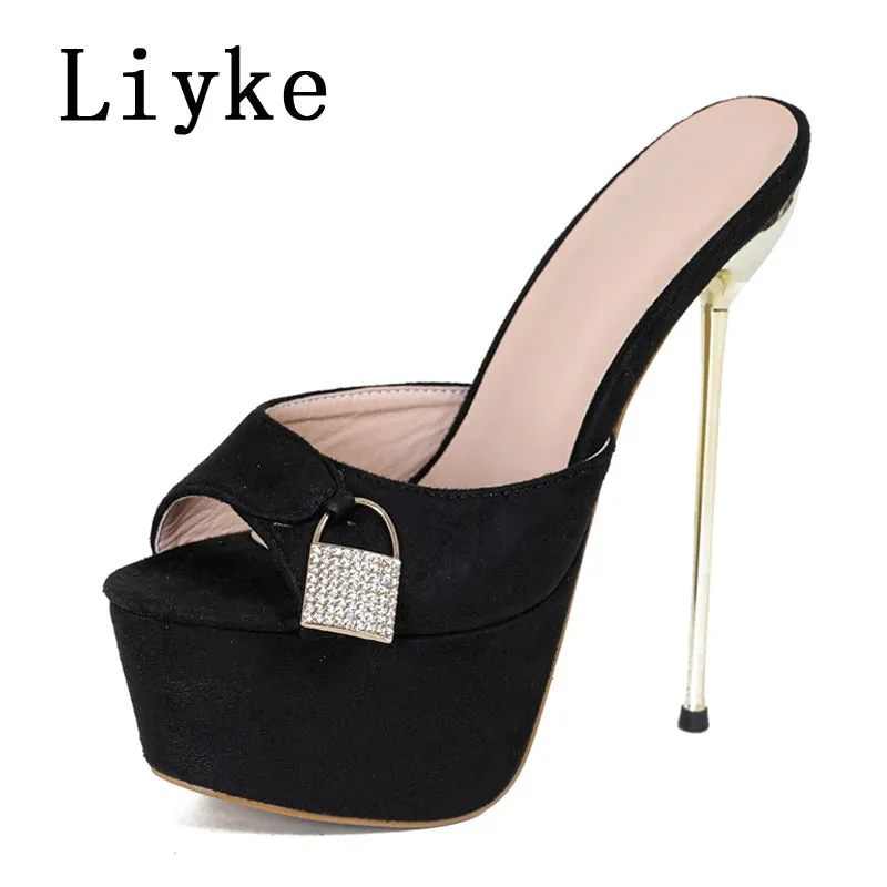 Liyke Summer Fashion Metal Extreme Platform Slippers Women Sexy Peep Toe Stiletto Heels Sandal Ladies Club Stripper Shoes Slider Disposable Slippers