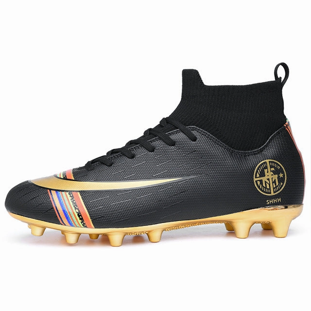 Gold plated bottom Boys Soccer Shoes High Top Kids Football Boots Men Breathable Soccer Cleats