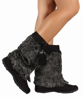 Soft Vegan Furry Suede Tassel Winter Flat Boot Black Chanel Thigh High Rain Boots