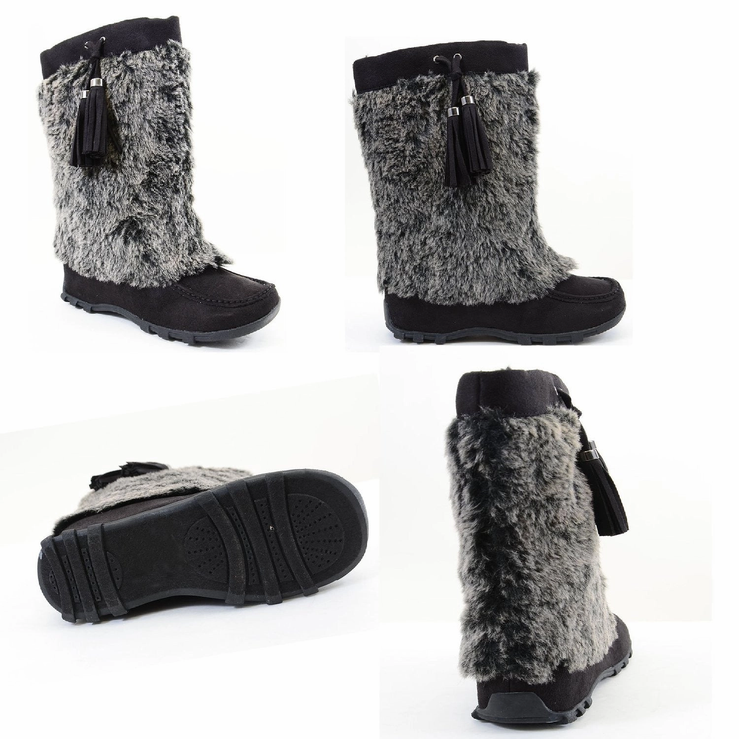 Soft Vegan Furry Suede Tassel Winter Flat Boot Black Sweet Honey Rain Boots