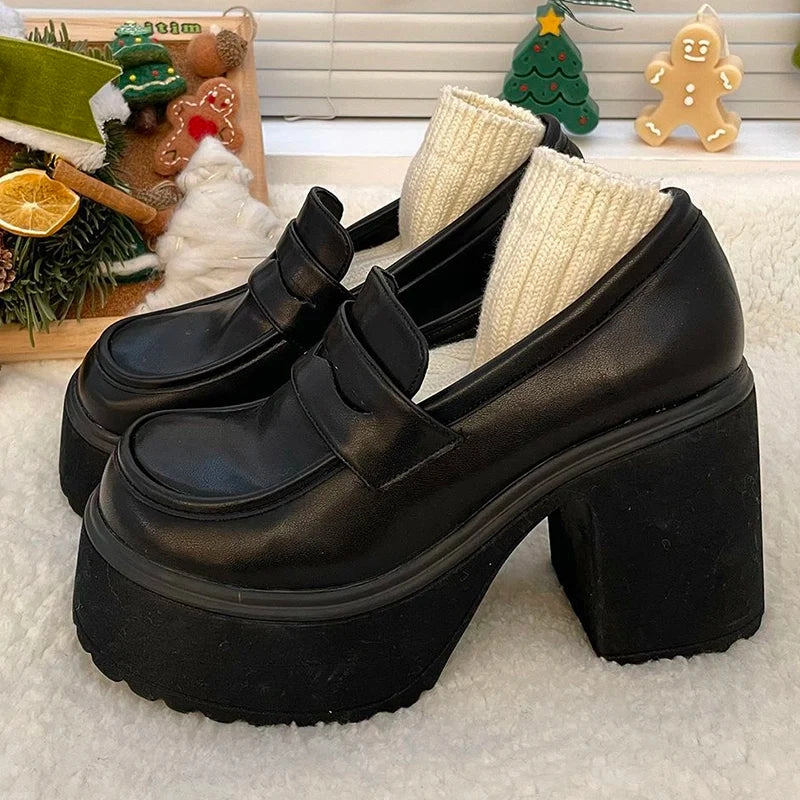 LVSANW 2024 Hot Sale High Heels Loafers Women Shoes Retro Chunky Heels Pumps Woman Uniform College Platform Mary Jane Shoes Ladies Goodyear Welted Loafers