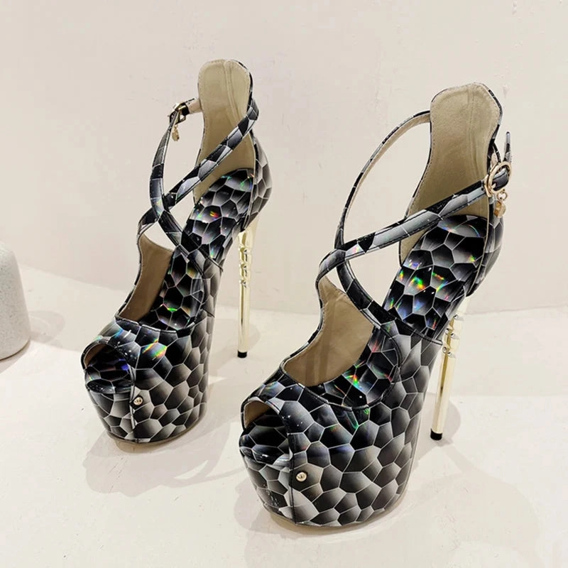 Trendy Dress Shoes Platform High Heels Pumps Sandal Women Sexy Snake Print Peep Toe Buckle Strap Ladies Banquet Dress Shoe