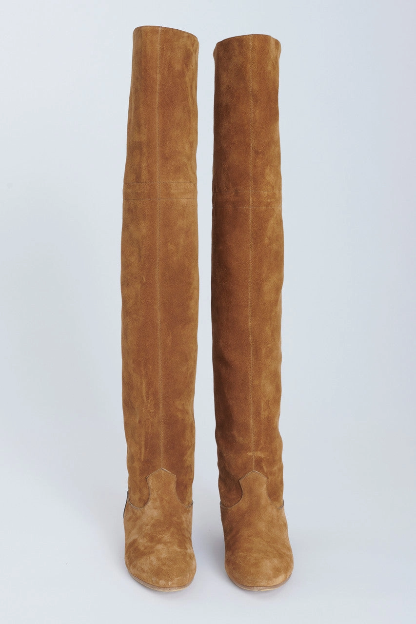 Adidas Advantage Shoes Tan Suede Calfskin Over The Knee Preowned Boots With Tassel