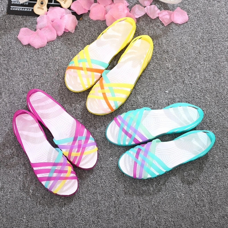 Pointe Shoes For Feet MCCKLE Women Jelly Shoes Rainbow Summer Sandals Female Flat Shoes Ladies Slip On Woman Candy Color Peep Toe Women's Beach Shoes