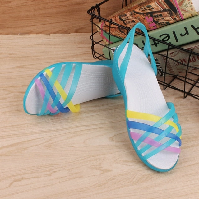 Mtb Flat Shoes Waterproof MCCKLE Women Jelly Shoes Rainbow Summer Sandals Female Flat Shoes Ladies Slip On Woman Candy Color Peep Toe Women's Beach Shoes