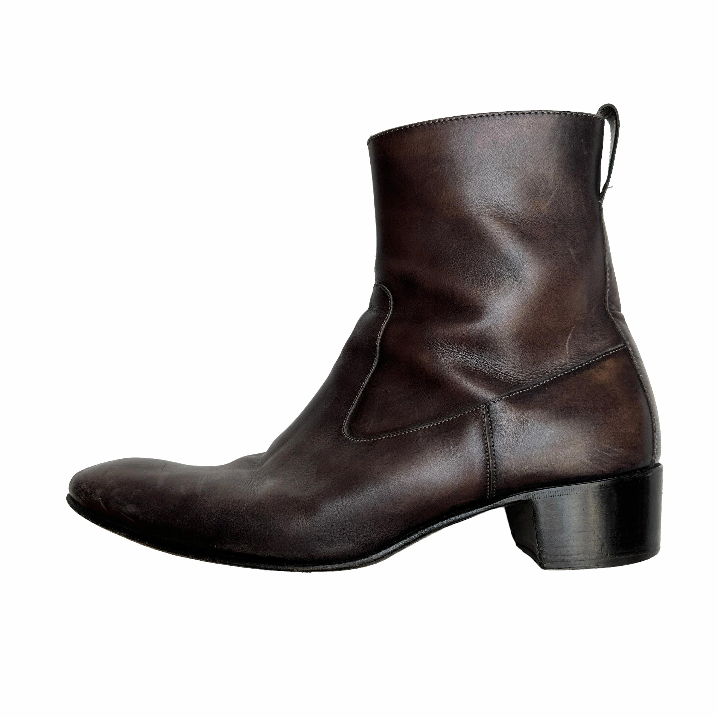 Men Brown Leather Boots - 43.5 Chunky Heel Ankle Boots