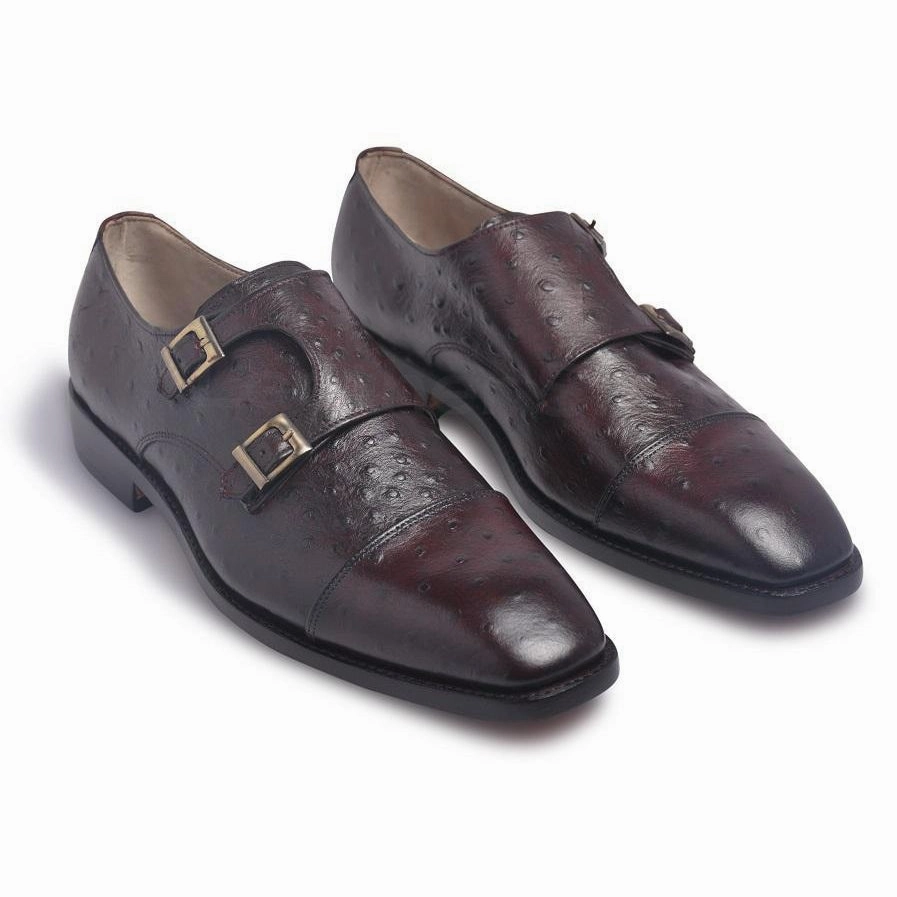 Men Distressed Dark Red Gold Monk Strap Genuine Leather Shoes Asics Non Skid Shoes