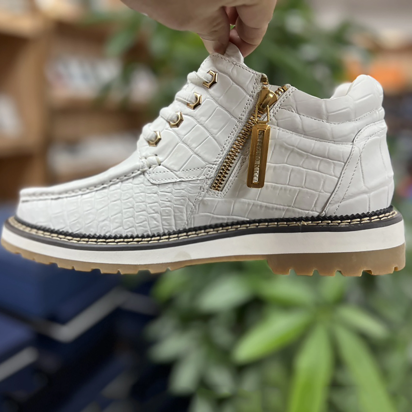 Men's White Crocodile Alligator Handcraft  Fashion Shoes Slip On Ankle Boots