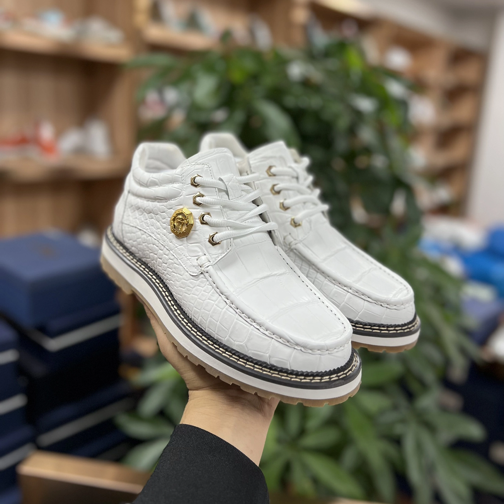 Men's White Crocodile Alligator Handcraft  Fashion Shoes Boots Wedges Knee High