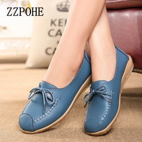 ZZPOHE spring autumn new lace Mother Flat shoes fashion shallow mouth Ladies Peas shoes tendon casual Women Leather shoes 35-40 Memory Foam Flat Shoes
