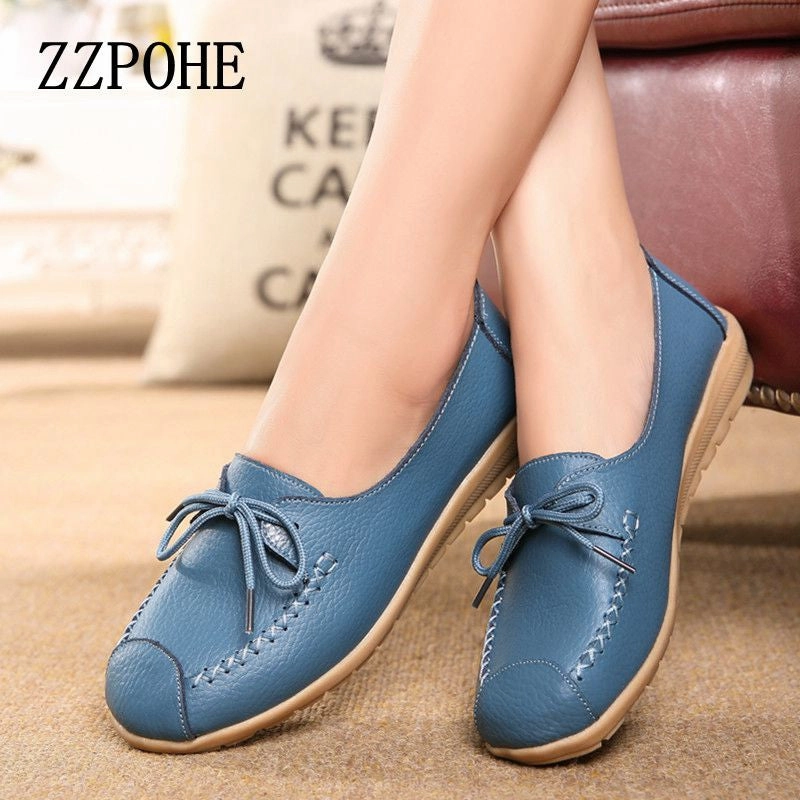ZZPOHE spring autumn new lace Mother Flat shoes fashion shallow mouth Ladies Peas shoes tendon casual Women Leather shoes 35-40 Flat Strap Shoes