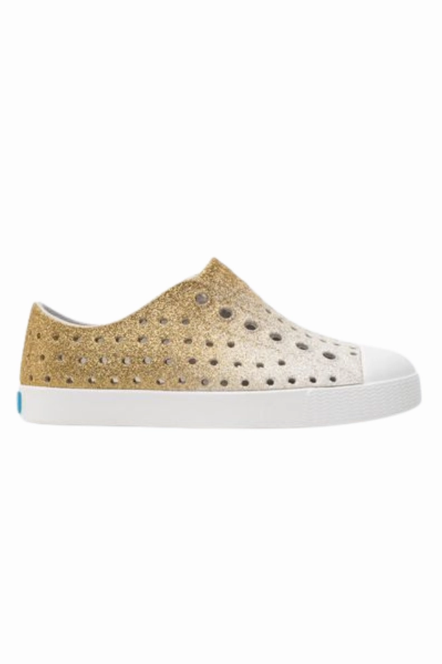 Native Jefferson Bling Kids - Gold Frost Bling/Shell White Tennis Shoes New