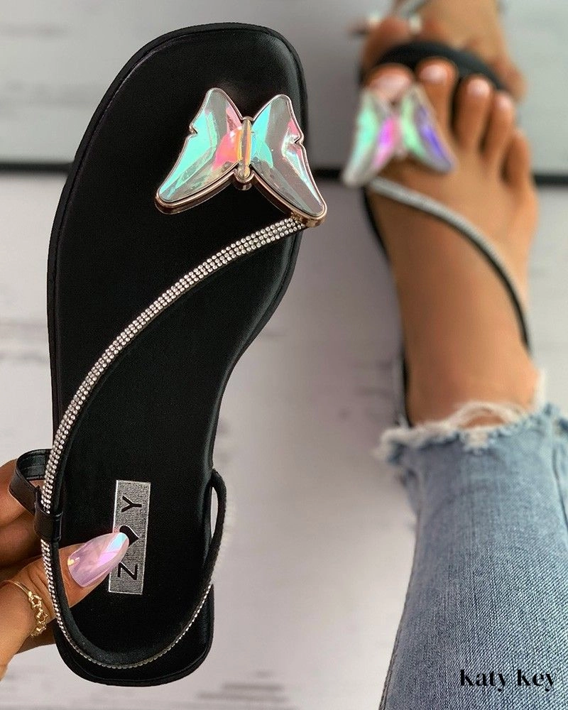 KatyKey - Butterfly Rhinestone Toe Ring Flat Sandals Flat Sole Golf Shoes