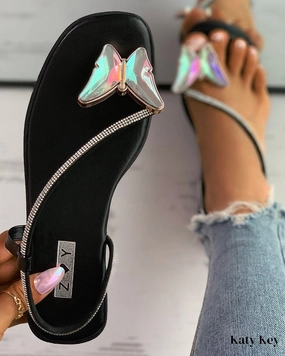 Flat Shoes Leather KatyKey - Butterfly Rhinestone Toe Ring Flat Sandals