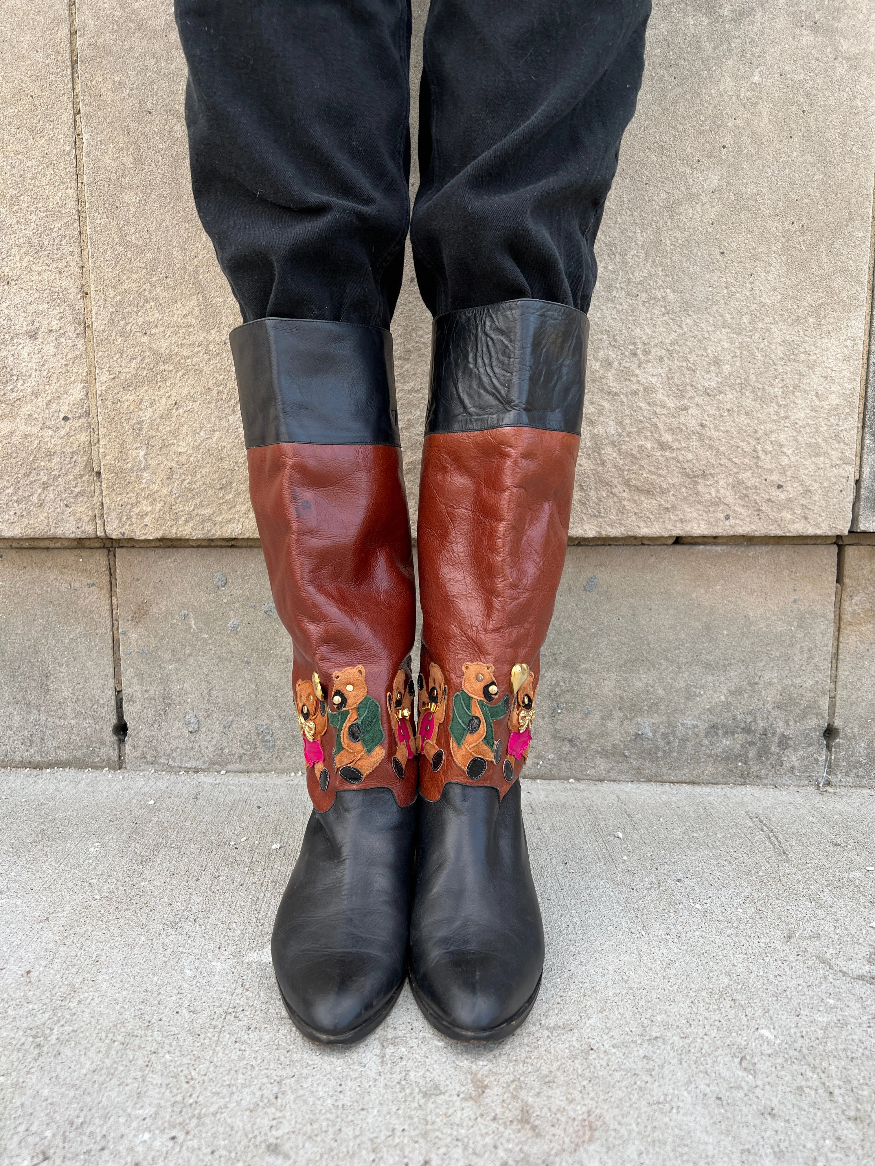 80s Black Leather Boots, Bear Decoration Beverly Feldman Size 8 Adidas Shoe Warranty