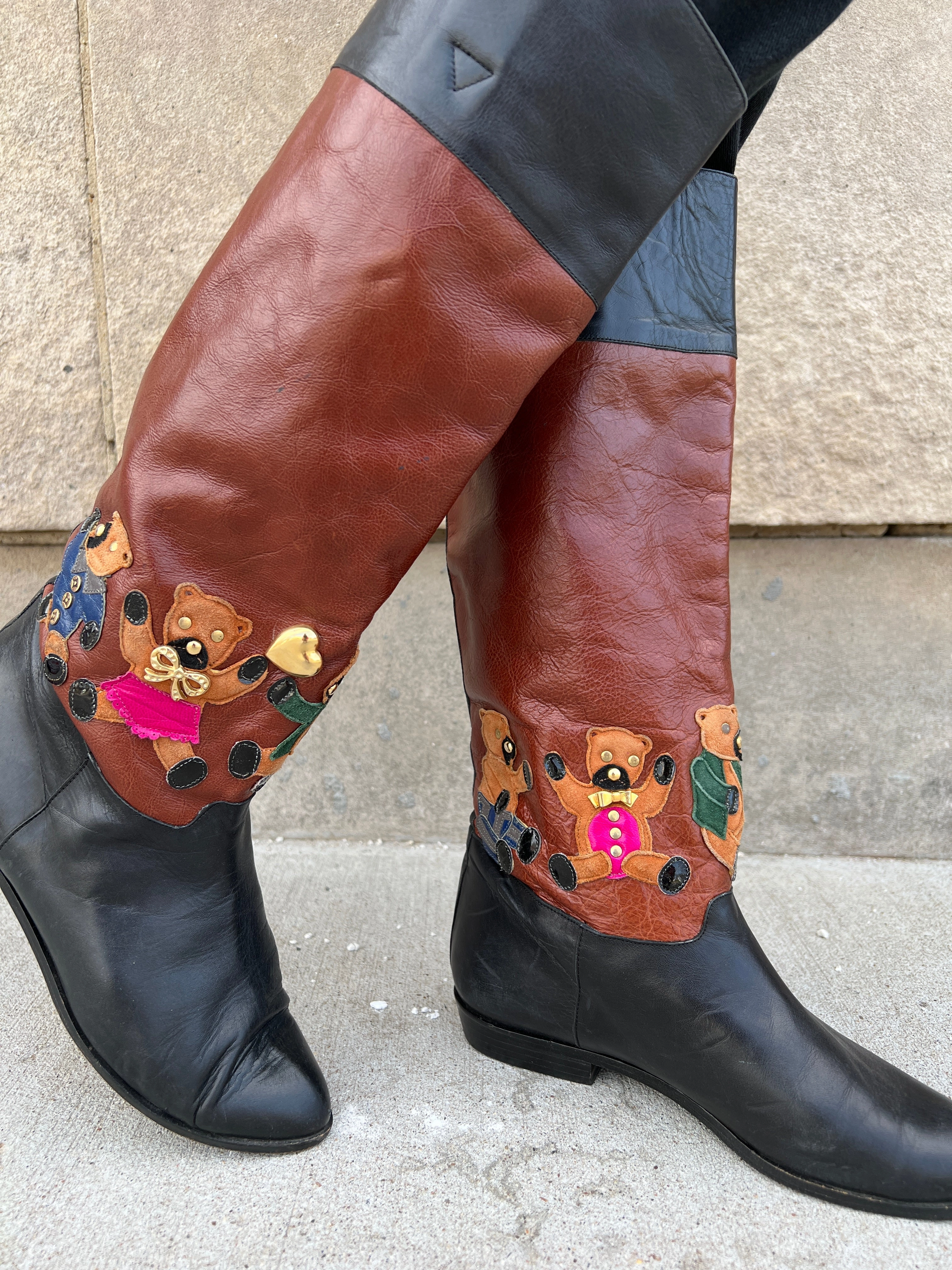 80s Black Leather Boots, Bear Decoration Beverly Feldman Size 8 Adidas Terrex Anylander Hiking Shoes