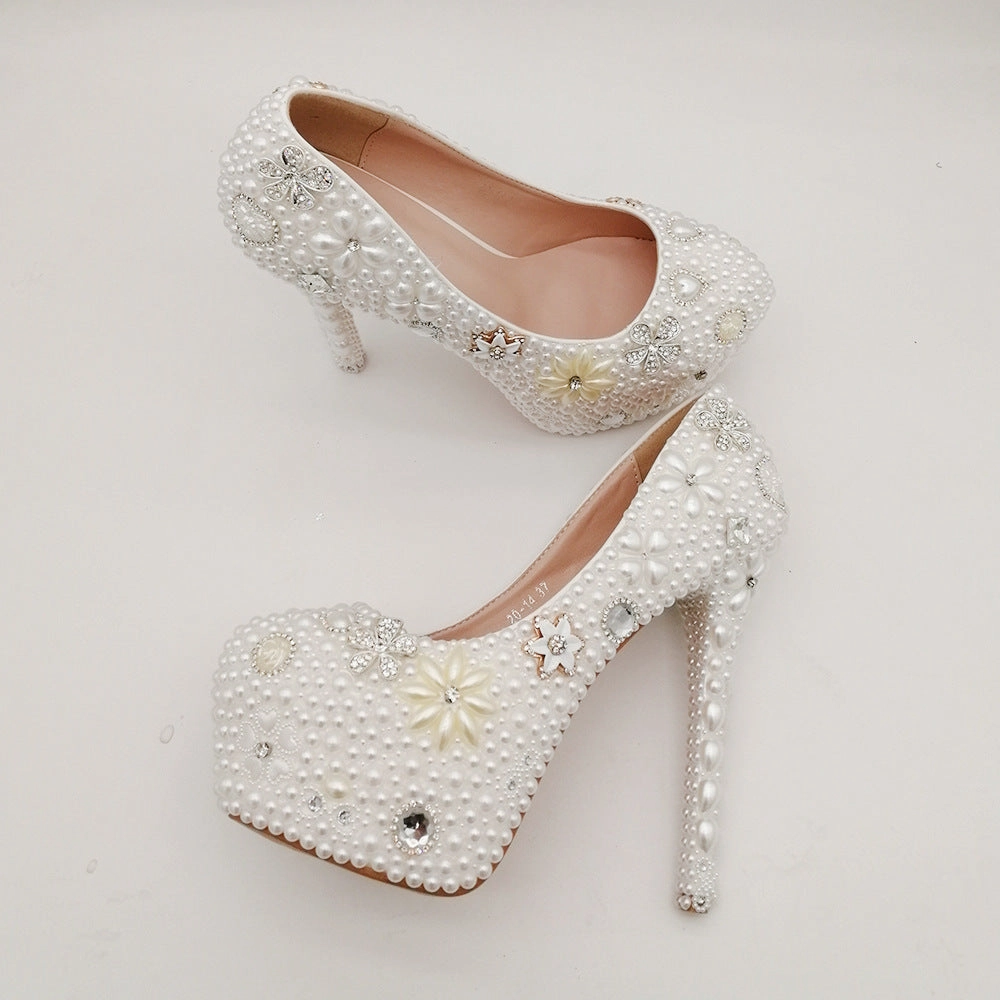 New 14CM round toe viscose shoes low top retro pearl banquet stiletto heel solid color shoes Bespoke Dress Shoes