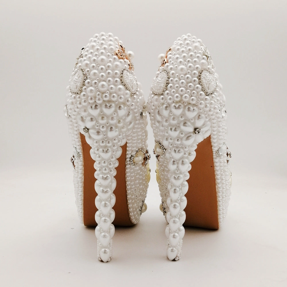 Low Dress Shoes New 14CM round toe viscose shoes low top retro pearl banquet stiletto heel solid color shoes