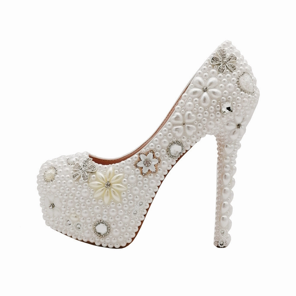 New 14CM round toe viscose shoes low top retro pearl banquet stiletto heel solid color shoes Pink Dress Shoe