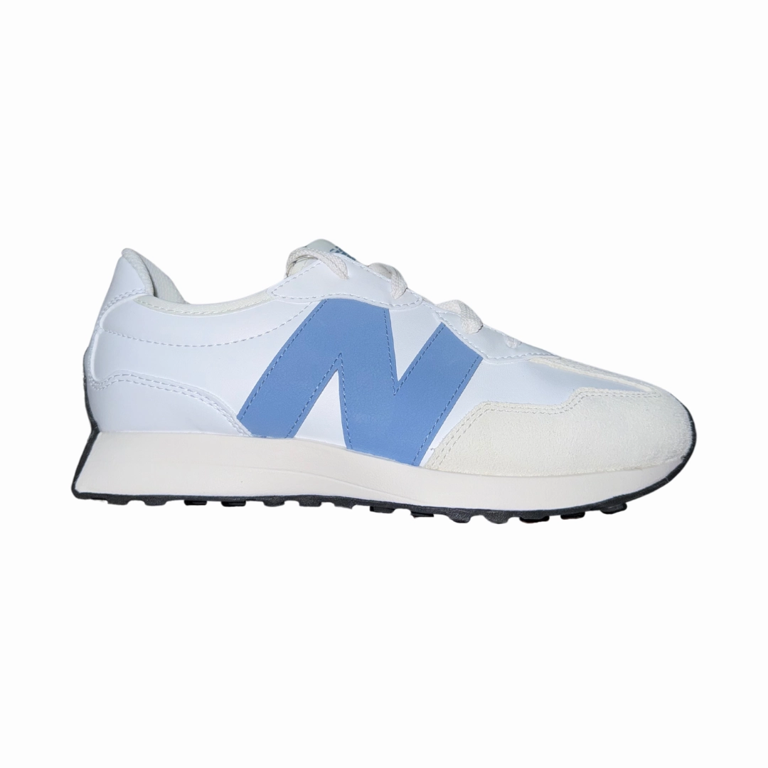 NEW BALANCE GS327SW-W 237 JR'S (Wide) White/Blue Laguna Synthetic Lifestyle Shoes Pose Time Open Walk