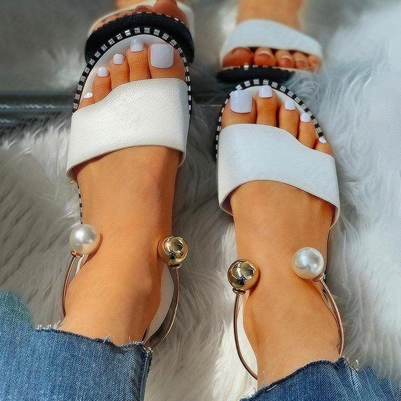 New Summer Women Beaded Pearly Sandals Slippers Shoes Ladies Flats Sandals Flip Flop Casual Flat Slingback Sandals Shoes Fun Flat Shoes