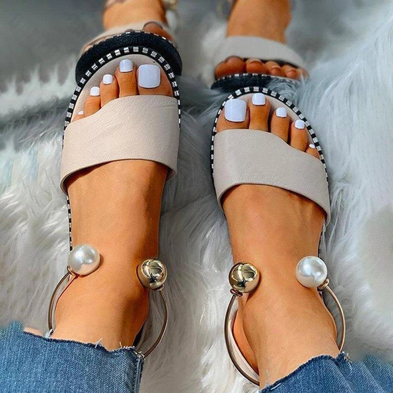 Union Flat Shoes New Summer Women Beaded Pearly Sandals Slippers Shoes Ladies Flats Sandals Flip Flop Casual Flat Slingback Sandals Shoes