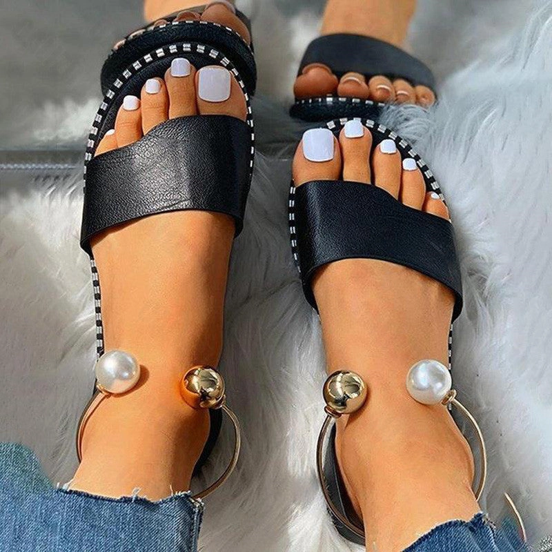 The Flat Head Shoes New Summer Women Beaded Pearly Sandals Slippers Shoes Ladies Flats Sandals Flip Flop Casual Flat Slingback Sandals Shoes