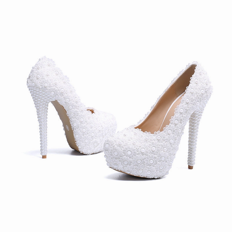 New wedding shoes, lace high heel wedding shoes for women, stiletto heels, large size platform shoes for women Non Leather Dress Shoes